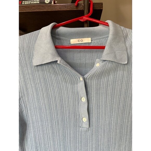 CO Long Sleeve Polo Silk Knit Top Sky Blue Womens Size Large - Picture 6 of 10
